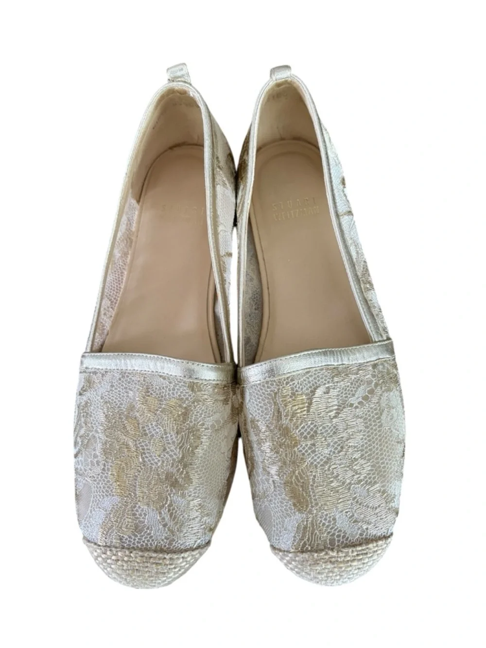Stuart Weitzman Biarritz Espadrille Gold Lace Sheer Metallic Flats Sz 6.5
